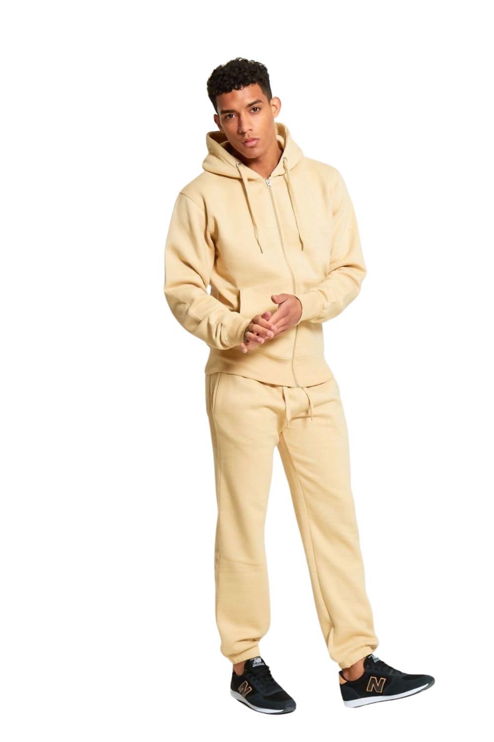 Mens Basic Tracksuit Boys Plain Jogging Bottom Tracksuits Zipped Track Top Fleece Hooded Tracksuit (UK, Alpha, XL, Regular, Regular, Beige)