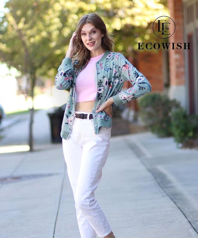 Miniatura 2 de ECOWISH - Chaqueta bomber casual con estilo floral y cierre para mujer, ligera, corta, diseño de camuflaje, sin forro, ropa exterior, rompevientos