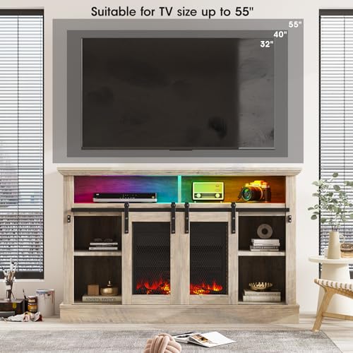 Image of Vabches Farmhouse TV Stand for TVs Up to 55 Inches, Entertainment Center with LED Lights, Modern Media Console Table with Sliding Barn Door, Grey