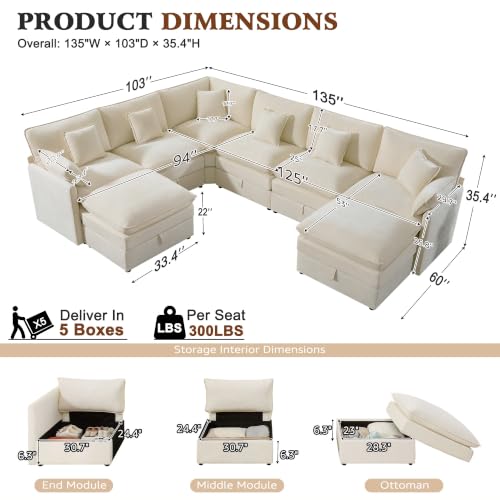 Image of Ihanherry Oversized Modular Sectional Sofa with Storag, 8-Seater V Shaped Cloud Couch with Movable Ottomans, Chenille Deep Seat Corner Couches for Living Room (Beige)