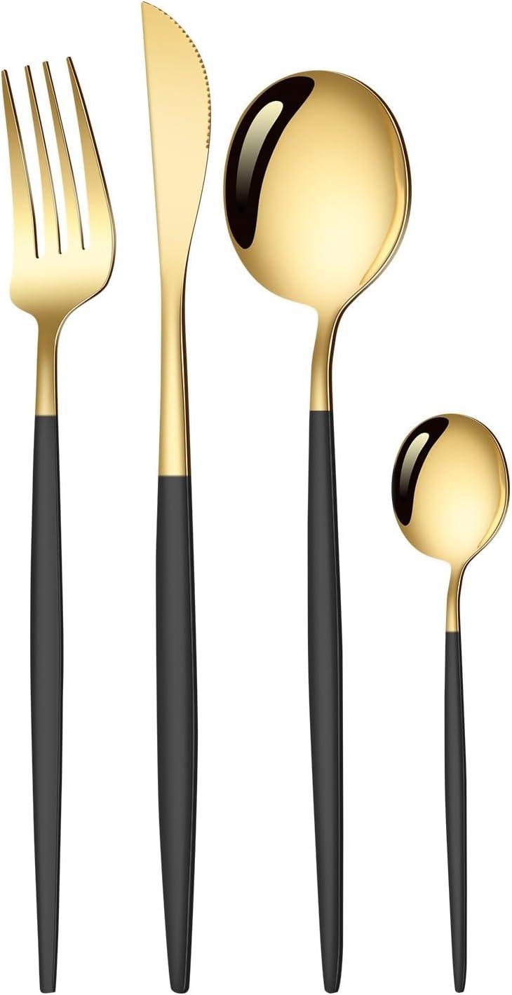 Silverware Flatware Set, 4/16/24/32/40/48pcs Stainless Steel Knife, Fork And Spoon Set Hotel Tableware Creative Steak Knife And Fork Portuguese Knife, Fork And Spoon(Black,40 Pieces for 10)