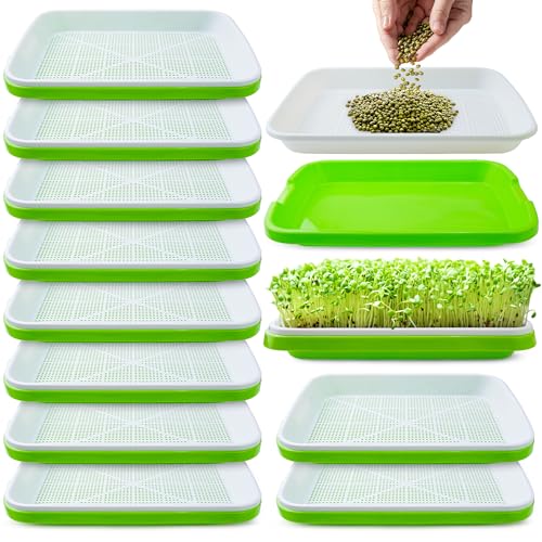 warmfarm Pack 10 of Seed Sprouter Tray with Drain Holes Seed Germination Trays Kit BPA Free Nursery Tray Soil-Free Wheatgrass Tray Sprouter Microgreens Growing Kit (Green-10 Pack)