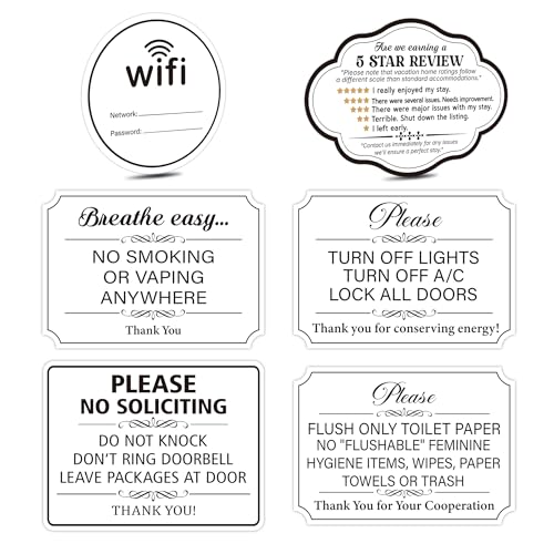 6PCS Essential Rental Rules Sign For Hosts，Waterproof Durable Cute Wifi Password, No Smoking, Do Not Flush, Turn Off Lights & AC, Star Review Sticker For Home Guests, Vacation Rental and Landlord