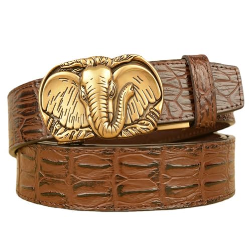 Mens Sliding Ratchet Click Crocodile Pattern Belt With Carved Gold Elephant Head Automatic Buckle Adjustable Waistband
