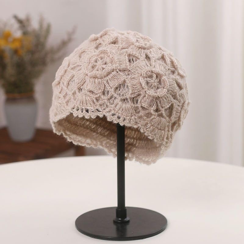 Double-Layer Handmade Crochet Pullover Hat Women's Winter Warm Fashion Knit Mohair Beret Beanie Cap Beige - Image 7