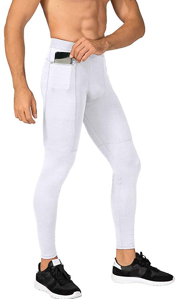 Makingda Men's White Jogger Sports Compression Pants, Workout Active Running Tights Leggings, Cool Dry Technical Training Baselayer Cycling Yoga With Zip Pocket（White，M）