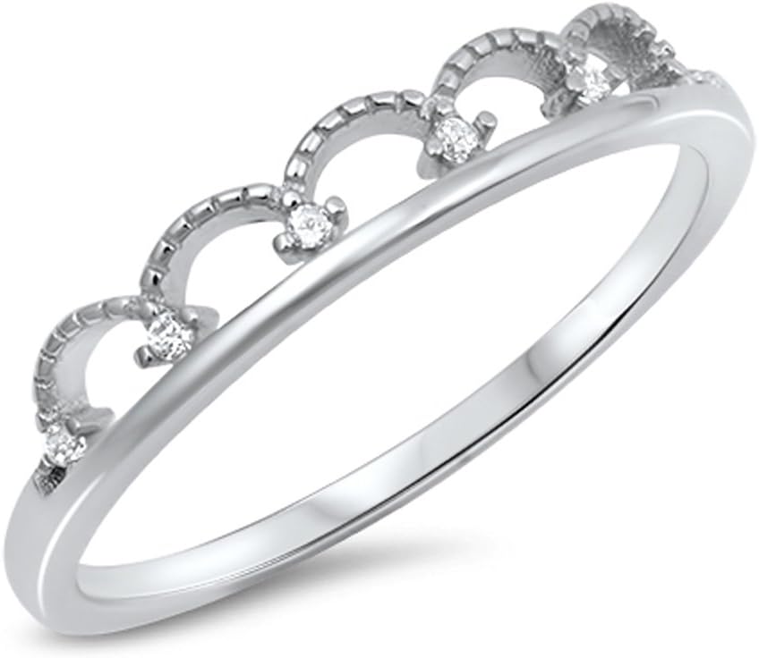 White CZ Crown Princess Tiara Loop Ring New .925 Sterling Silver Band Sizes 4-10