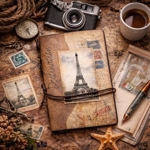 Image of Giftana Vintage Paris Leather Notebook, Journal Refillable Retro Travel Diary with 180 Pages, 6 Ring Binder, Zipper Pocket & Card Slots, European Style Sketchbook Planner for Men & Women