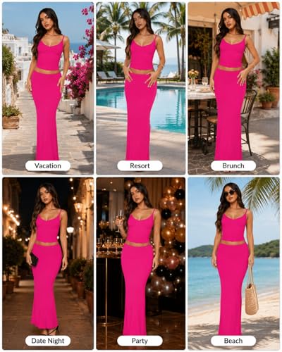 Image of Two Piece Skirt Set for Women - Sexy Sleeveless Spaghetti Strap Pleated Tank Top Maxi Long Skirts Sets
