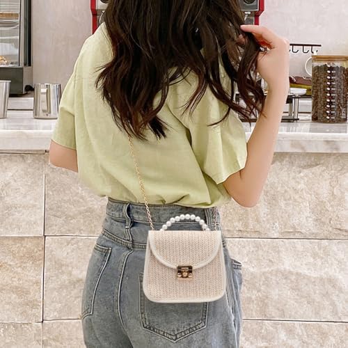 Mini Straw Bag for Girls, Summer Woven Crossbody Shoulder Bag for Women, Small Pearl Top Handle Handbag Flap Purse3