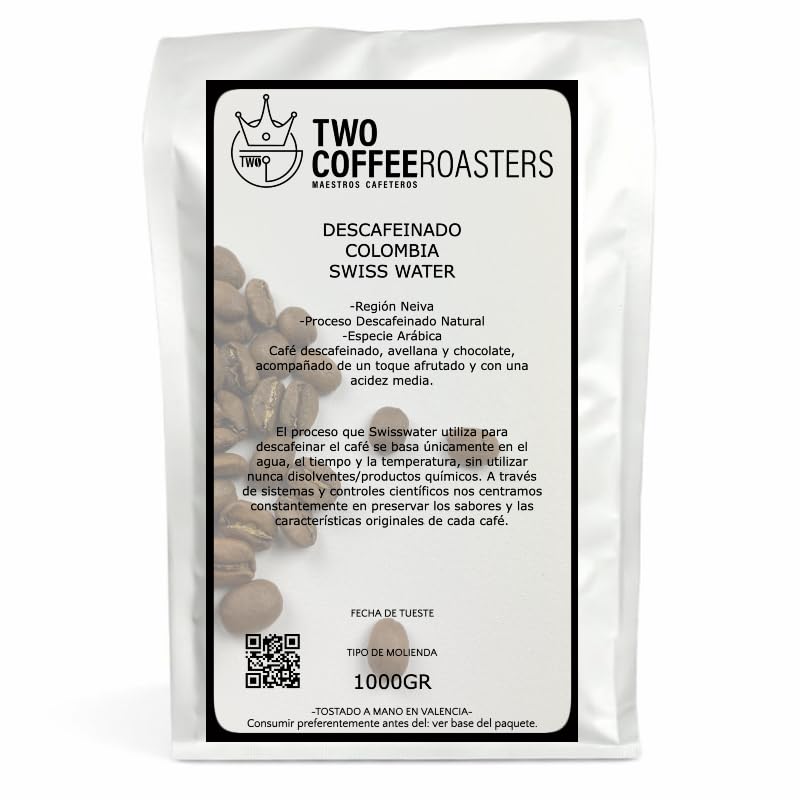 Twocoffee Café en Grano Descafeinado Colombia 1kg | Proceso Swiss Water Natural sin Químicos | Café de Especialidad 85.5 Puntos | Tueste Artesano en Valencia