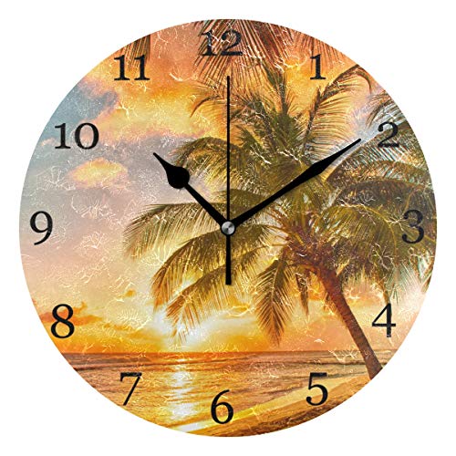KUWT Palm Tree Wall Clock Silent Non-Ticking, Beach 9.5 Inch Round Wall Clock Battery Operated Hawaiian Coastal Clock Decor for Home Wall Bathroom Kitchen Bedroom Living Room Office Classroom Patio