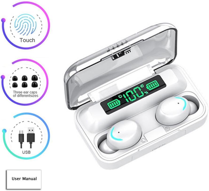 Image showing the TWS Bluetooth Earbuds, charging case, ear caps, USB cable, and user manual icons.