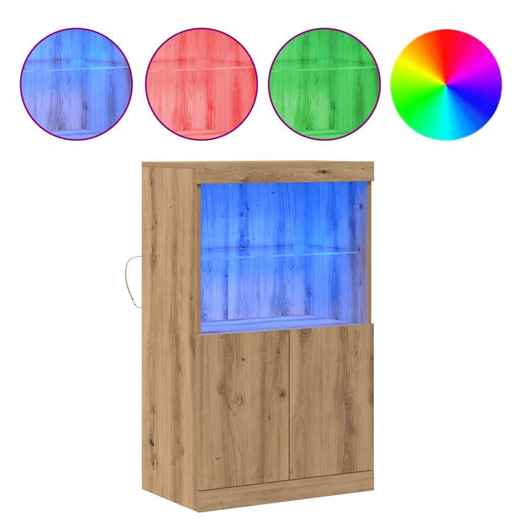 Deskorolka LED brązowa z materiału drewnopochodnego 60 x 37 x 100 cm z paskami LED RGB, drzwiczkami na płaszczyźnie, szklane regały, idealna jako kredens, szafka do jadalni i salonu