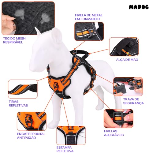 Coleira Peitoral Power + Guia Elástica Cachorro MADOG Tamanho:G;Cor:Laranja