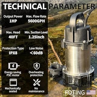 FOTING 1HP 5600 GPH 40FT Sump Pump Submersible Sewage/Effluent Pump - Heavy Duty Cast Iron Automatic/Manual - 115V Septic Pump for Sump Basin/Residential/Sewage/Basement, 2'' NPT,Black