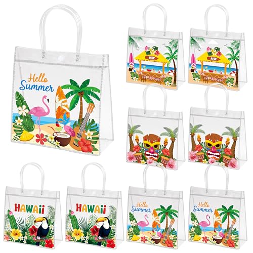 H1vojoxo Hello Summer Gift Bags - 24PCS Hawaiian Tropical Palm Leaves Clear PVC Gift Bags with Handle 7.9 x 3.2 x 7.9 Inch Reusable Plastic Goodie Treat Bag for Summer Beach Pool Party Birthday Party Supplies
