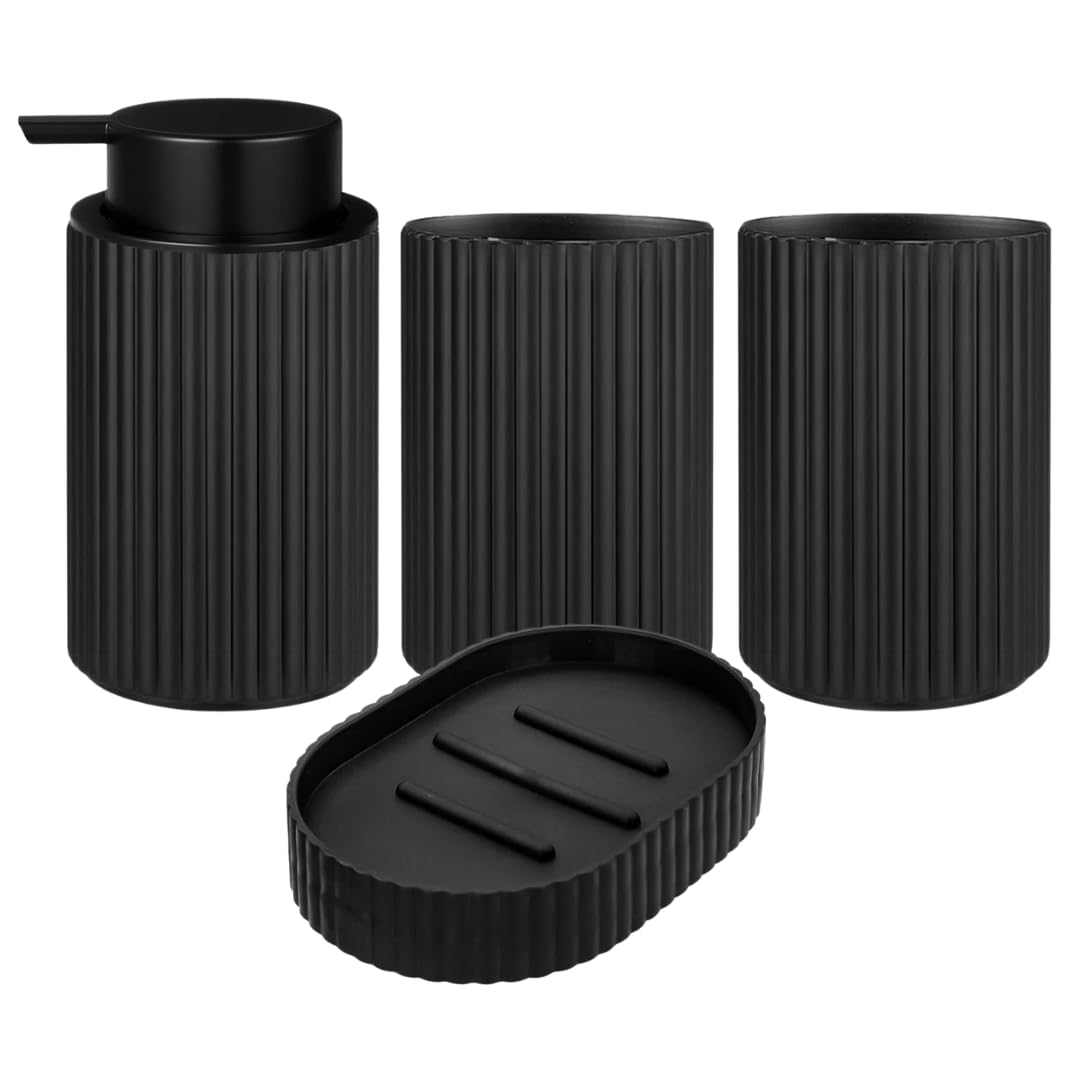Juego de Accesorios de BaƱo de 4 Piezas con un dispensador de jabón Negro, un Vaso para Cepillo, un Vaso para hisopos y Bandeja para Pastilla de jabón, Accesorios para baƱo, jabón lĆquido y Gel