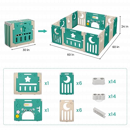 Baby Playpen, Dripex Baby Playard for Babies and Toddlers, 14-Panel Foldable Playpen Adjustable Portable Play Area, Indoor/Outdoor Kids Active Center with Game Panel & Safety Gate, Green White