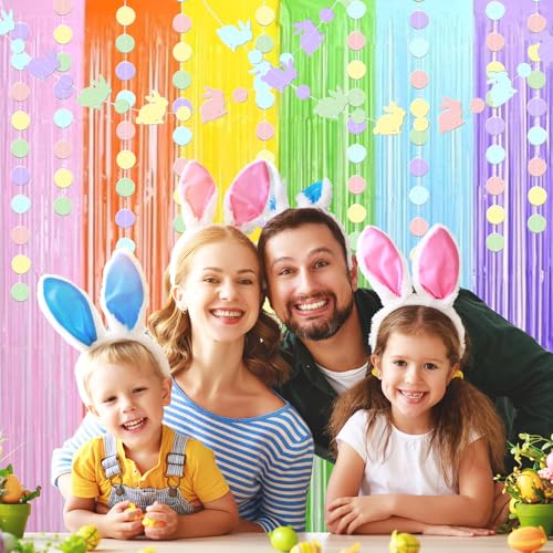Image of Easter Decorations Foil Fringe Curtains Photo Booth Prop Hanging Garland Easter Bunny Banner Rabbit Garland Rainbow Foil Fringe Curtains for Birthday Wedding Engagement Bridal Shower