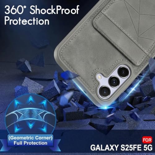 Image of amazon basics Premium Vegan Leather Back Cover with Card Holder and Integrated Mobile Stand for Samsung Galaxy S25FE 5G - Slim Shockproof Wallet Case with Geometric Stitching [Gray]