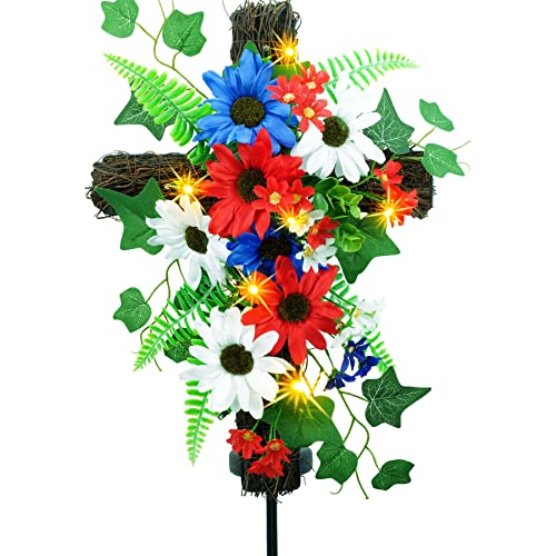 Croix en métal et rotin naturel de jardin solaire avec marguerites de prestige