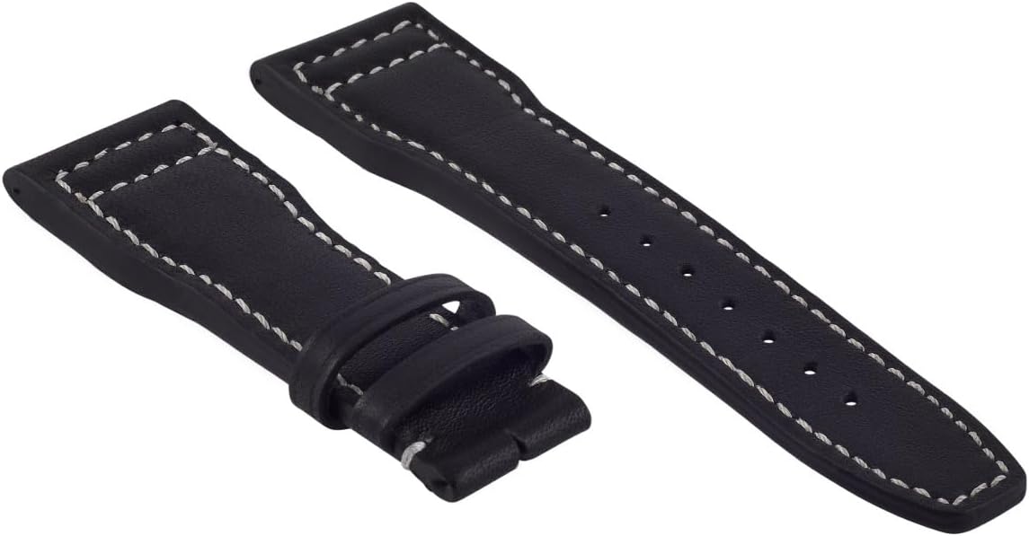 Ewatchparts 21mm Calf Leather Strap Watch Band Compatible With IWC Portuguese Pilot Top Gun Black With White Stitching