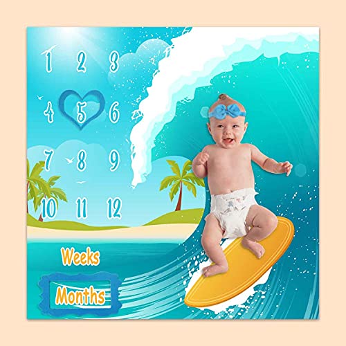 Image of PHMOJEN Baby Monthly Milestone Blanket, Sea Surfboard Waves, Newborns 1 to 12 Months Unisex Include 4 Frames and 1 Headband 47"x47"BTLSPH495
