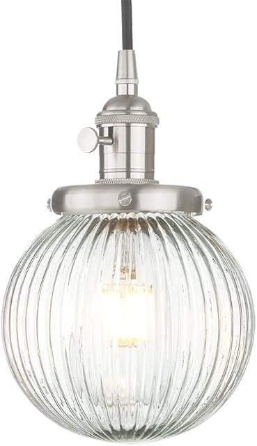 Yosoan Industrial Glass Pendant Light Fitting, Ribbed Ball Hanging Ceiling Light for Kitchen Island,Dining Room,Bedroom,Lving Room (Brushed)