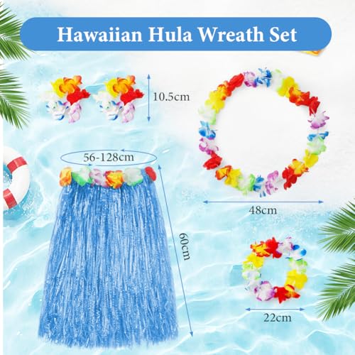 Aomig Hawaii Mottoparty Kostüme Set Rock, Hawaiian Gras Hula Rock Sets, 60cm Lange Hawaiianischer Grasrock mit Halskette Armbänder Haarblume Grasröcke für Cheerleading Strand Party Ostern (Blau)
