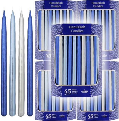 The Dreidel Company 45 Metallic Hanukkah Candles Frosted Premium Tapered Hand Decorated Chanuka Candles (Metallic Blue & Silver) (10-Pack)