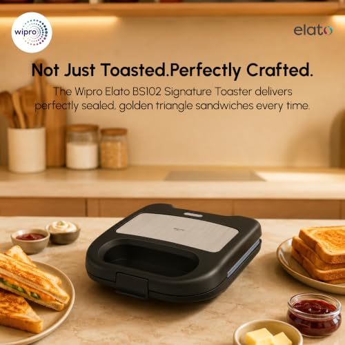 Image of Wipro Elato BS102 Signature 800W Toast Sandwich Maker|Ceramic Coated Plates|BPA Free|PTFE, PFAS & PFOA Free|Auto Temperature Control|Cool Touch Handle|Fits 2 Regular Bread Slices|2 Year Warranty