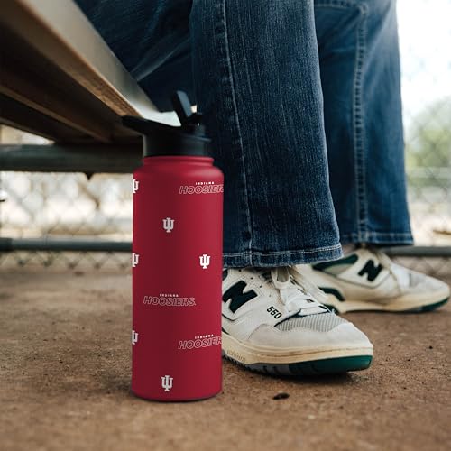 Image of Logo Brands NCAA Indiana Hoosiers Step & Repeat 34 oz Stainless Steel Quencher Bottle - All Over Logo Design, No-Spill Lid, Easy Carry Handle - Keeps Drinks Cold For Hours