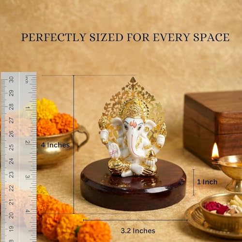 Image of 24k Gold Plated Kalpavrikshya Tree Ganesh Idol Ganpati Murti for Car Dashboard, Office Desk, Hindu God Gift & Home Decor - Resin (White)