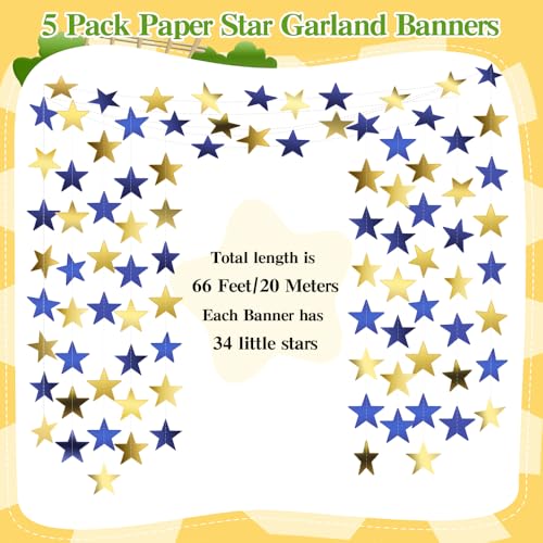 Image of Star Garland Banner, 5PCS 66FT Double-Side Blue Gold Star Hanging Bunting Banner Backdrop for Birthday, Wedding, Baby Shower, Christmas Party Decorations