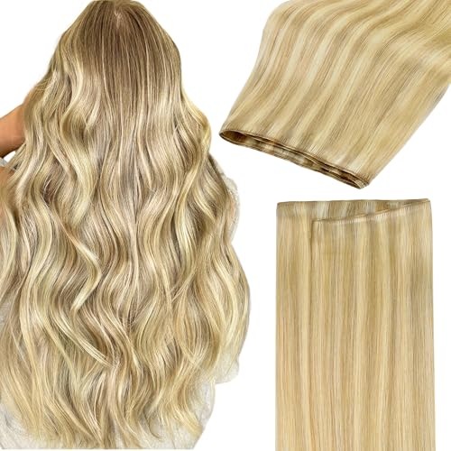 Image of GOO GOO Sew in Hair Extensions Real Human Hair, Weft Hair Extensions Human Hair, 18D /22F Dirty Blonde Highlights 20inch 100g, Weft Bundles Straight Silky Remy Hair