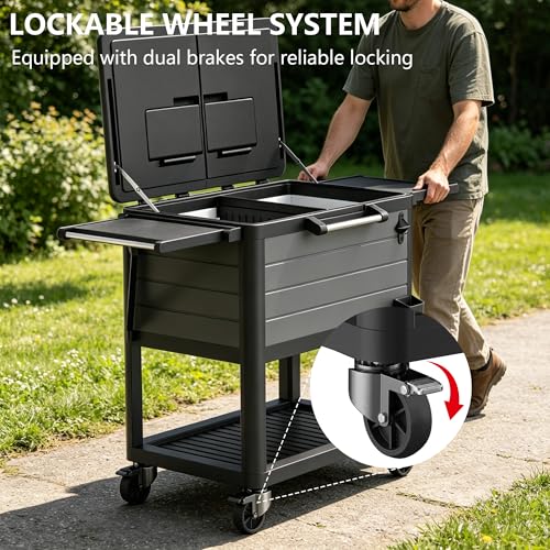 Image of 104 QT Patio Cooler Cart with Wheels, Outdoor Rolling Ice Chest Cooler for Patio, Pool, Deck & Backyard, Portable Beverage Bar Cart with Double Lid, Foldable Side Tables, Bottle Opener & Storage Shelf