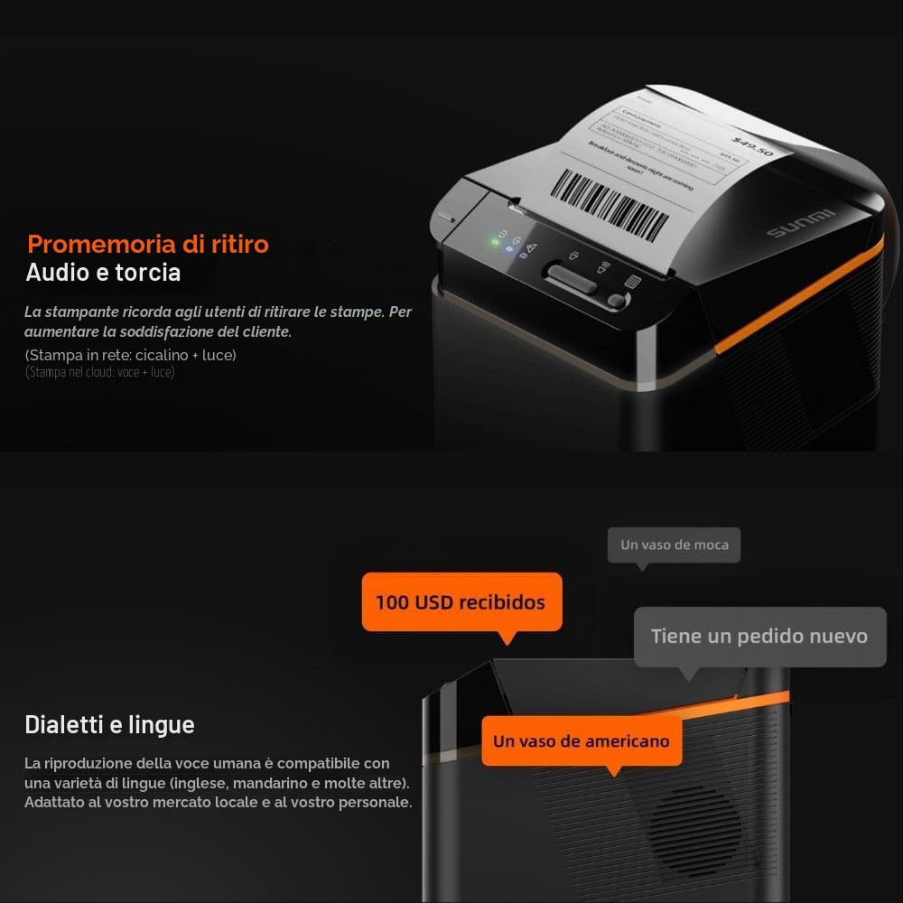 Cloud SUNMI Stampante Termica 80mm - Stampante Scontrini Comande e Ricevute | Carta Termica 80 mm, Stampa Senza Inchiostro, Taglio Automatico, USB RJ11 Wifi Bluetooth, Velocità Stampa 250 mm/s, SUNMI