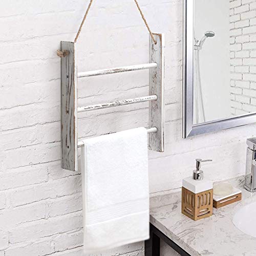 Ladder Hand Towel Rack for Bathroom, Blanket Ladders for The Living Room Hanging Blanket Ladder Rustic Decorative Ladder for Blankets Whitewashed Towel Ladder