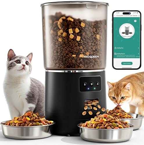 Vacqueen Automatic Cat Feeder for 3 Cats, 6L/25 Cups Smart WiFi Pet Feeder, Strong Anti-Jam System, Dual-Effect Desiccant Cat Food Dispenser, with 10S Voice Recorder for Cats and Small Dog(Black)