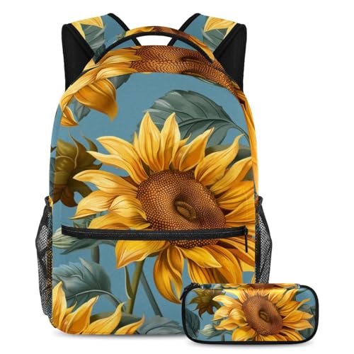 Cartable rétro tournesol grand volume avec trousse scolaire filles garçons
