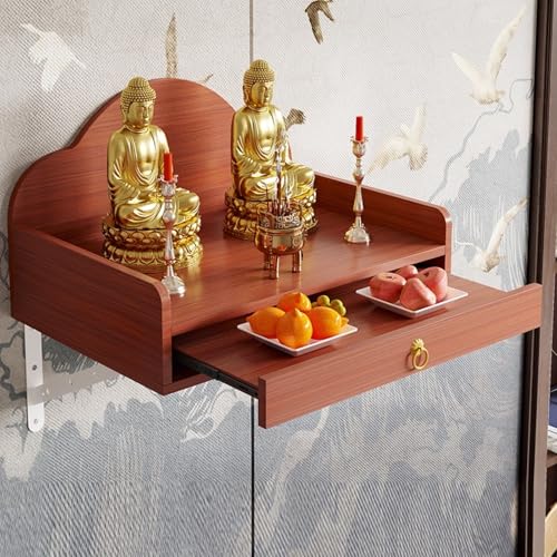 Mesa de altar santuario montada en la pared con diseño escalonado y bandeja extraíble, escritorio de meditación para ofrendas de incienso