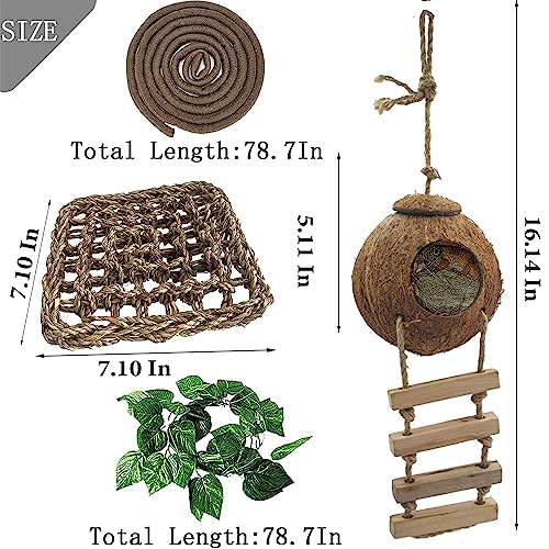 Image of 6PCS Crested Gecko Coconut Hut, Lizard Coco Den with Ladder and Reptile Hammock Bearded Dragon Tank Accessories Climbing Hanging Plants Jungle Vine Flexible Reptile Leaves Decor