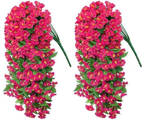 Image of Bassion 2 Pack Artificial Hanging Petunias Flowers for Outdoors, Rose Red | UV resistant, silk fake flowers, hanging morning glory trailing vines, porch garden spring summer planter decoration