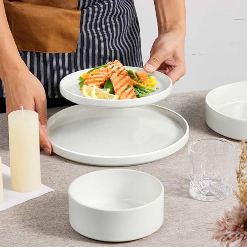 Herogo Dinnerware Sets with Pasta Bowls, 16 Piece Plates and Bowls Set for 4, Stoneware Dinner Dishes for Kitchen Dining, Dishwasher & Microwave Safe, Speckled White - Thumbnail 4