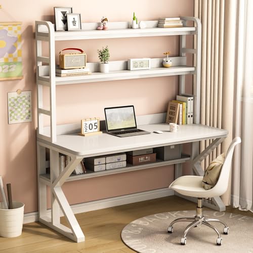 Nowoczesne biurko gamingowe z Hutch 99 cm stylowe biurko komputerowe z 3 poziomowymi półkami do przechowywania, idealne do laptopa i gier komputerowych, pisania i nauki, brązowe i białe wykończenie
