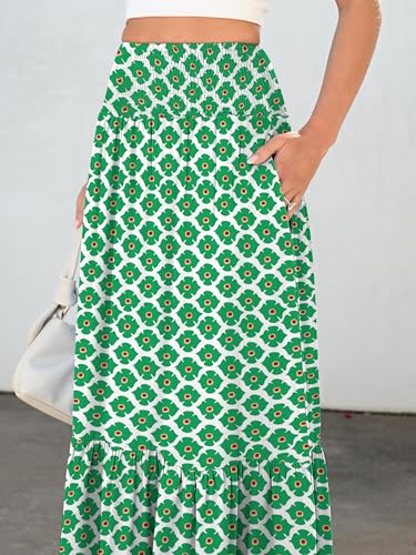 ANRABESS Maxi Skirts for Women 2026 Summer Boho Long Flowy Floral Elastic High Waist Skirt Casual Travel Skirt with Pockets Light Green Large