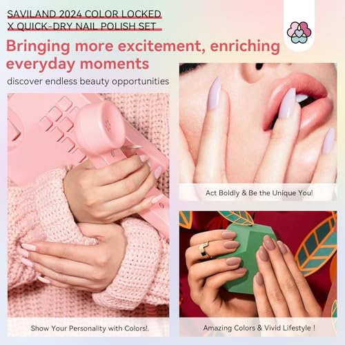 Image of SAVILAND Quick Dry Nail Polish: 6Pcs Hot Sheer Color Fingernail Polish Set Neutral Solid Color Pink Nudes Glitter Nail Polish Kit Castor Oil Non Gel Nail Lacquer Finger Toe Nail Art Home DIY Gift Set