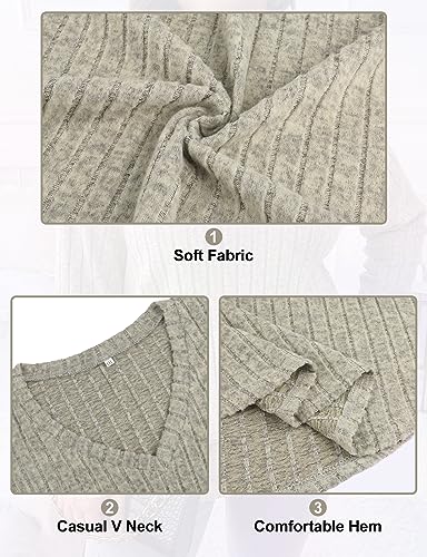 Image of Koscacy Women Plus Size Casual Knit Sweater V Neck Solid Color Tops Lightweight Long Sleeve Blouses