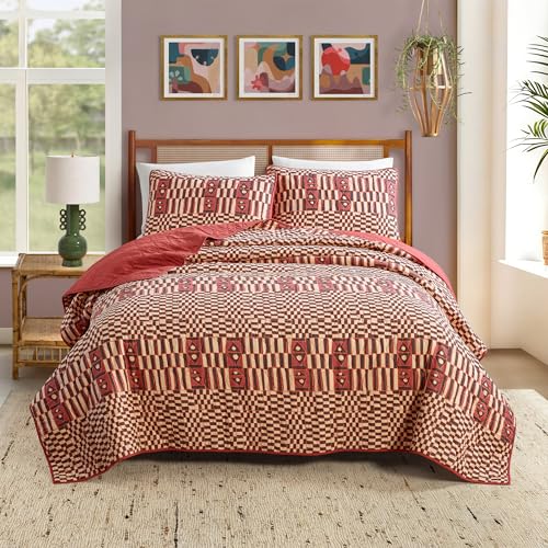 , Global-inspired Boho All Cotton Bedding Set - Full Queen Size, Burgundy
